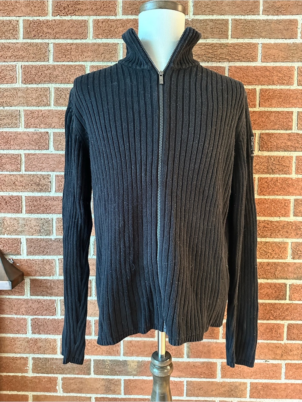 Calvin Klein Jeans Mens Black Ribbed Full Zip Sweater Mock Neck, L